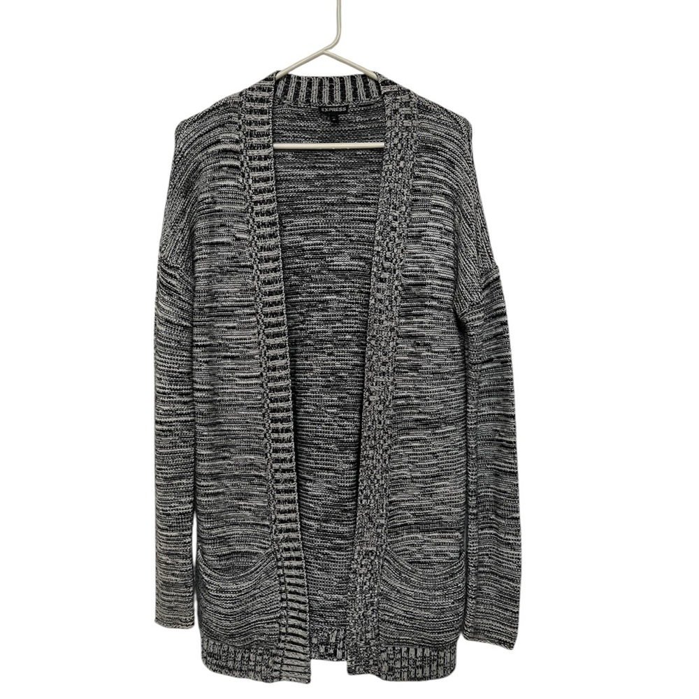 Express Sweater Women SP Black White Marled Open Front Cardigan Office Casual